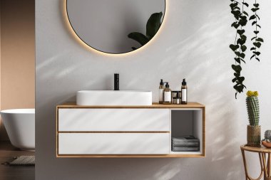 Lavabosu, lavabosu, aynası ve beyaz rafı olan modern beyaz ve gri bir banyo. 3d oluşturma 