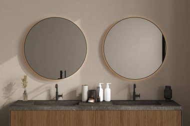 Ahşap banyo mobilyalarının üzerinde duran mermer leğen. Çift oval aynalar bej bir duvarda asılı. Yakın çekim. Ön manzara. 3d oluşturma