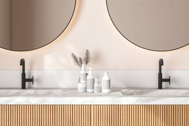 Banyoda, çift mermer leğende yuvarlak aynalar, beyaz kare fayanslar ve bej duvarda yuvarlak aynalar olan modern bir makyaj ünitesinin üç boyutlu görüntüsü. Morning Sunlight, Ürünler arka plan görüntüsü, Mock up.