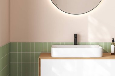 3 boyutlu makyaj tezgahını seramik lavabo ve modern tarz muslukla sabah güneşinin ve gölgenin olduğu bir banyoya kapatın. Ürünlerin gösterimi için boş alan. Arkaplan, Duvar fayansları.