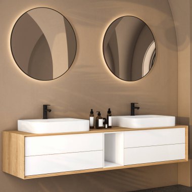 Çift lavaboya yakın, oval aynalar bej duvarda duruyor, minimalist banyoda siyah musluklar olan ahşap dolap. Üst Manzara. 3d oluşturma