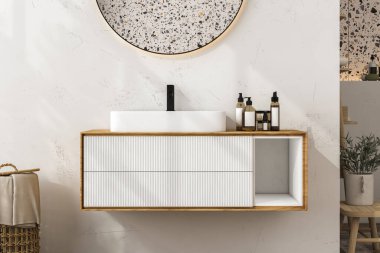 Karanlık duvarda oval aynayla lavaboyu kapat. Minimalist banyoda siyah musluğu olan ahşap dolap. Ön görüş. 3d oluşturma