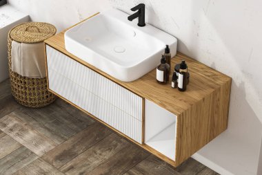 Karanlık duvarda oval aynayla lavaboyu kapat. Minimalist banyoda siyah musluğu olan ahşap dolap. Yan görüş. 3d oluşturma