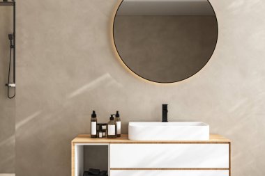 Lavaboyu kapat, oval ayna bej duvarda duruyor, minimalist banyoda siyah musluğu olan ahşap dolap. Ön görüş. 3d oluşturma