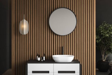 Banyoda, beyaz leğende yuvarlak ayna, beyaz kare kiremitler ve ahşap duvarlı modern bir makyaj ünitesinin üç boyutlu görüntüsü. Morning Sunlight, Ürünler arka plan görüntüsü, Mock up.