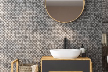 Duvarında oval ayna asılı beyaz lavaboyu kapat. Minimalist banyoda siyah musluğu olan modern dolap. 3d oluşturma