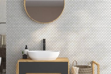 Duvarında oval ayna asılı beyaz lavaboyu kapat. Minimalist banyoda siyah musluğu olan modern dolap. 3d oluşturma