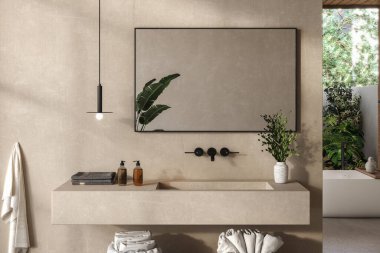Sabun makineleri, havlular, bitki, siyah çerçeveli ayna, kolye ışığı ve bej duvarlı şık bir banyo. Ürünlerinizi şık ve modern bir ortamda sergilemek için ideal. 3d oluşturma
