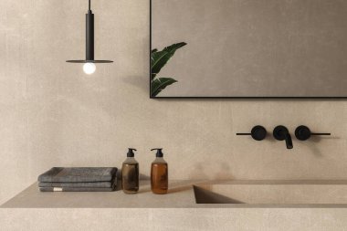 Sabun makineleri, havlular, bitki, siyah çerçeveli ayna, kolye ışığı ve bej duvarlı şık bir banyo. Ürünlerinizi şık ve modern bir ortamda sergilemek için ideal. 3d oluşturma