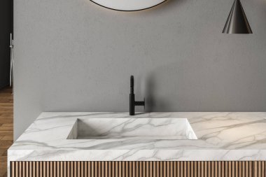 Banyo aksesuarları ve kozmetik ürünleri sunumu için boş mermer tezgahı olan bir banyo makyaj dolabının yakın çekim görüntüsü. Bu şık ve şık dolap. 3d oluşturma