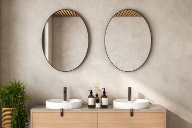 Sabun makineleri, bitki, siyah çerçeveli aynalar, bej duvarlı modern banyo düzeneği. Ürünlerinizi şık ve modern bir ortamda sergilemek için ideal. 3d oluşturma
