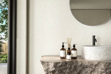 Minimalist banyo, taştan bir duvara bağlı beyaz lavabolu doğal bir taş tezgah içeriyor. Bu model tezgah 3D banyo yapımları için vitrin olarak kullanılabilir.