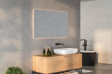 Lavabo, sabun, havlu, bitki, ayna, beton duvarlı modern banyo düzeneği. Ürünlerinizi şık ve modern bir ortamda sergilemek için ideal. 3d oluşturma