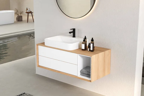 Interieur Des Stilvollen Badezimmers Mit Holzwänden Holzboden Holzboden Weißer Badewanne — Stockfoto