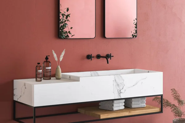 Interior Banheiro Com Espelho Bonito Pia — Fotografia de Stock