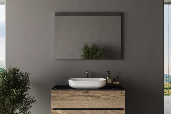 关闭浴室家具与白色水槽 灰色墙壁 正方形的镜子挂在墙上 代表化妆品 复制空间 3D渲染 — 图库照片