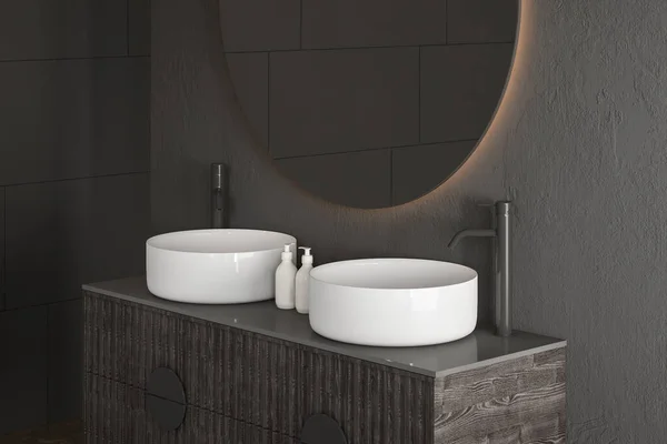 关闭现代黑色浴室家具与双白色水槽和黑色台面 侧视图 3D渲染 — 图库照片