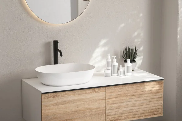 白色水池的关闭与椭圆形的镜子站在白色的墙壁上 木制橱柜与黑色水龙头在简约的浴室 塑模架用来展示产品 3D渲染 — 图库照片