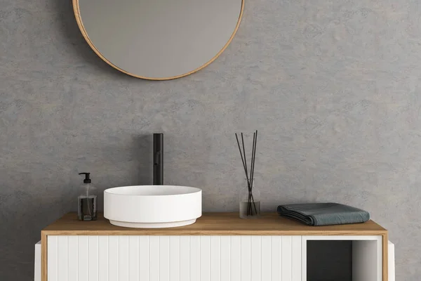 Beyaz Lavaboyu Kapat Oval Ayna Beyaz Duvarda Duruyor Minimalist Banyoda — Stok fotoğraf