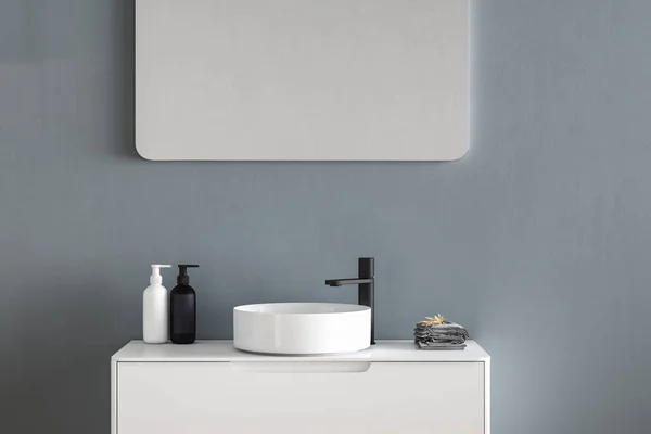 靠近白色水槽与椭圆形的镜子站在蓝色的墙壁 木制橱柜与黑色水龙头在简约的浴室 塑模架用来展示产品 3D渲染 — 图库照片