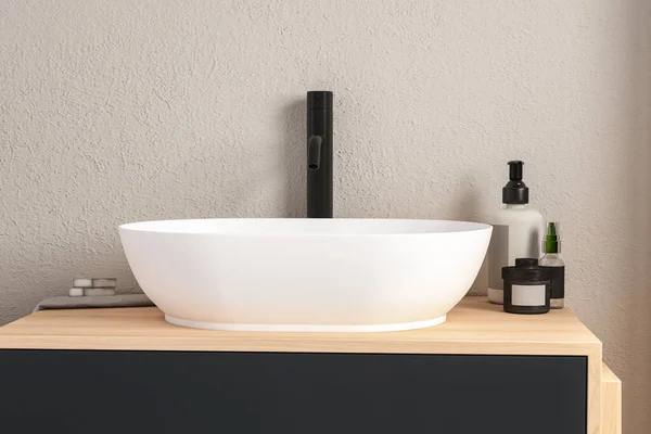 白色水池的关闭与椭圆形的镜子站在白色的墙壁上 木制橱柜与黑色水龙头在简约的浴室 塑模架用来展示产品 3D渲染 — 图库照片