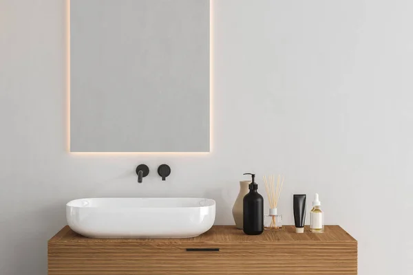 3D是一个木制的虚荣计数器 配有全景洗脸盆和现代风格的水龙头 在浴室里有晨光和阴影 产品的空白空间显示模型 3D渲染 — 图库照片