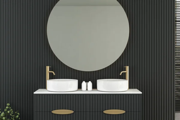 Karanlık Duvarda Oval Aynalar Asılı Çift Lavabo Minimalist Banyoda Siyah — Stok fotoğraf