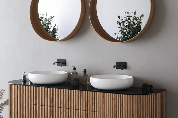 关闭双层水池与椭圆形的镜子站在白墙上 木制橱柜与黑色水龙头在简约的浴室 前面的景色3D渲染 — 图库照片