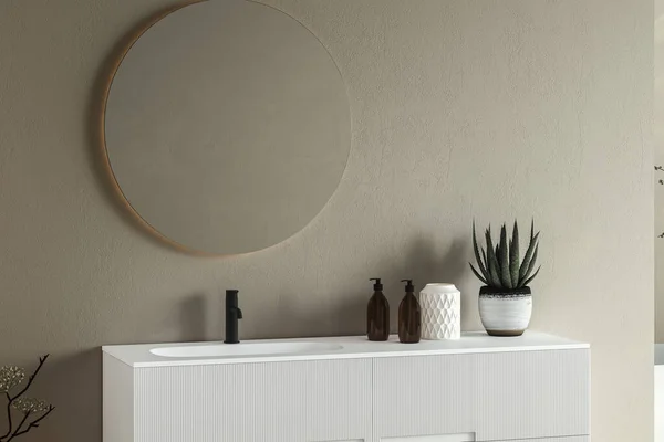 水槽关闭与椭圆形的镜子站在白色的墙壁 白色的橱柜与黑色水龙头在简约的浴室 侧视图 3D渲染 — 图库照片