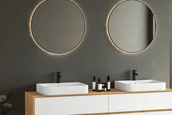Çift Lavabo Gri Duvarda Oval Aynalar Minimalist Banyoda Siyah Musluklar — Stok fotoğraf