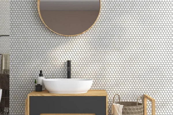 Duvarında oval ayna asılı beyaz lavaboyu kapat. Minimalist banyoda siyah musluğu olan modern dolap. 3d oluşturma