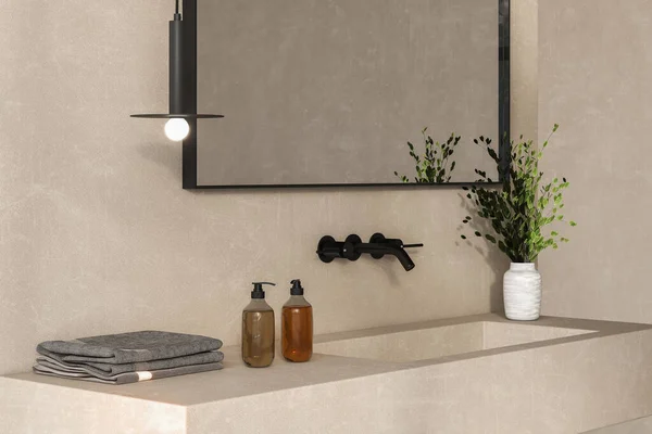 Chic Εγκατάσταση Μπάνιο Σαπούνια Πετσέτες Φυτό Μαύρο Πλαισιωμένο Καθρέφτη Κρεμαστό — Φωτογραφία Αρχείου
