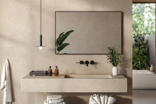 Chic bathroom setup with soap dispensers, towels, plant, black-framed mirror, pendant light, and beige walls. Ideal for showcasing your products in a stylish and modern setting. 3d rendering