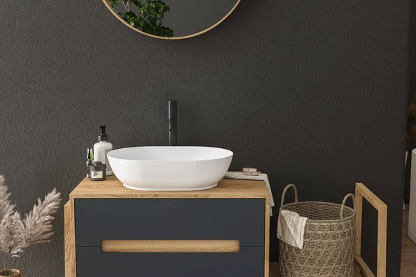 Schlanke Schwarze Akzentwand Weißes Waschbecken Mit Schwarzem Wasserhahn Moderne Eitelkeit — Stockfoto