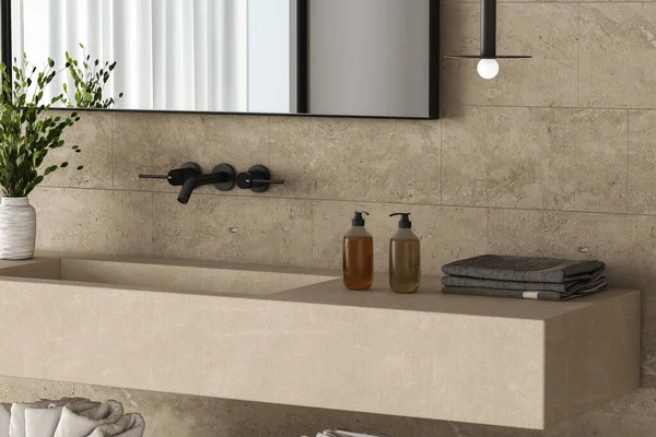 别致的浴室配备了肥皂 黑色镜框 吊灯和米黄色墙壁 理想的展示您的产品在时尚和现代的设置 3D渲染 — 图库照片