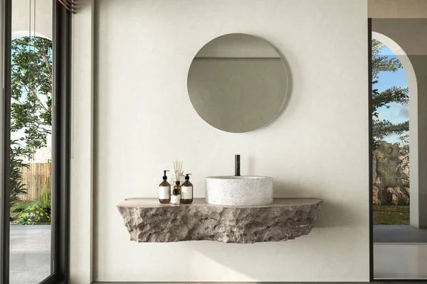 Minimalist banyo, taştan bir duvara bağlı beyaz lavabolu doğal bir taş tezgah içeriyor. Bu model tezgah 3D banyo yapımları için vitrin olarak kullanılabilir.