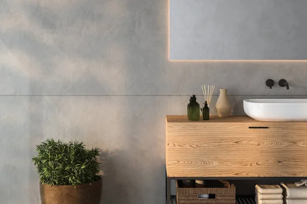 现代化的浴室设置与水池 肥皂分配器 混凝土墙 理想的展示您的产品在时尚和现代的设置 3D渲染 — 图库照片