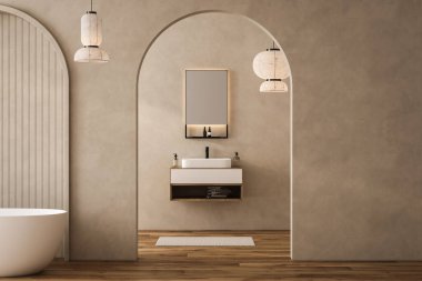 Beyaz lavabosu ve aynası olan bej bir banyo zemininde halı, küvet, bitkiler. Otel stüdyosunda banyo aksesuarları ve pencere. 3B görüntüleme