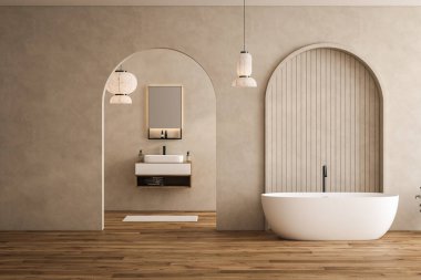 Beyaz lavabosu ve aynası olan bej bir banyo zemininde halı, küvet, bitkiler. Otel stüdyosunda banyo aksesuarları ve pencere. 3B görüntüleme