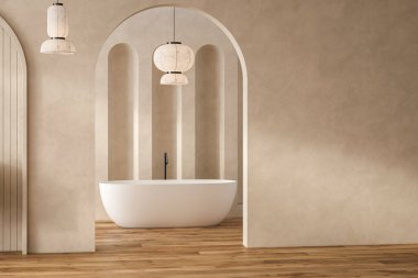 Beyaz lavabosu ve aynası olan bej bir banyo zemininde halı, küvet, bitkiler. Otel stüdyosunda banyo aksesuarları ve pencere. 3B görüntüleme