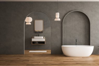 Siyah banyo içi beyaz lavabo ve aynayla kaplı, parke döşemeli halı, küvet, bitkiler. Otel stüdyosunda banyo aksesuarları ve pencere. 3B görüntüleme