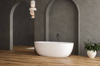 Siyah banyo içi beyaz lavabo ve aynayla kaplı, parke döşemeli halı, küvet, bitkiler. Otel stüdyosunda banyo aksesuarları ve pencere. 3B görüntüleme