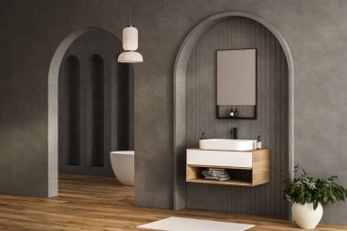 Siyah banyo içi beyaz lavabo ve aynayla kaplı, parke döşemeli halı, küvet, bitkiler. Otel stüdyosunda banyo aksesuarları ve pencere. 3B görüntüleme