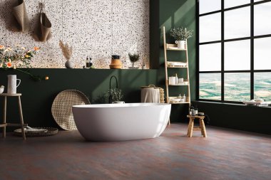 Güzel banyo küveti, banyo aksesuarları, havlu, bitki, fayans ve yeşil duvar, merdiven, güller, terrazzo duvarı olan modern bir banyo. Minimum tasarım. Banyo arkaplanı. Modelleme. 3d Hazırlama