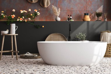 Güzel banyo küveti, banyo aksesuarları, havlu, bitki, fayans ve siyah duvar, merdiven, güller, terrazzo zemin. Minimum tasarım. Banyo arkaplanı. Modelleme. 3d Hazırlama