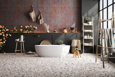 Güzel banyo küveti, banyo aksesuarları, havlu, bitki, fayans ve siyah duvar, merdiven, güller, terrazzo zemin. Minimum tasarım. Banyo arkaplanı. Modelleme. 3d Hazırlama