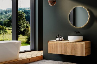 Parke ve beton döşemeli modern banyo, beyaz lavabo, yuvarlak ayna, beyaz küvet, iç tesisler, yeşil duvar. Modern mobilyalı minimalist banyo, orman manzaralı. 3B görüntüleme
