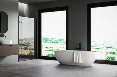 Minimum İskandinav tarzı modern banyo. Kibirli, çift lavabolu, küvetli ve duşlu. 3d Hazırlama