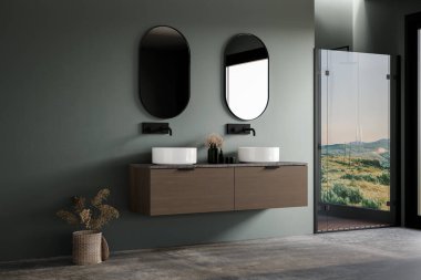 Minimum İskandinav tarzı modern banyo. Kibirli, çift lavabolu, küvetli ve duşlu. 3d Hazırlama