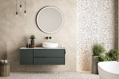 Modern minimalist banyo, yeşil banyo dolabı, beyaz lavabo, ahşap kibir, iç tesisler, banyo aksesuarları, beyaz küvet, beton duvar, terrazzo döşeme 3D döşeme.